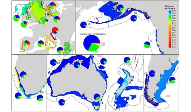 La figura 1 di Pitcher et al. 2022 mostra l'RBS di 24 diverse regioni del mondo. I grafici a torta mostrano l'area proporzionale di ogni regione, cioè le regioni sono colorate dal loro RBS più comune, ma l'intera regione non è necessariamente uniforme nell'impatto.