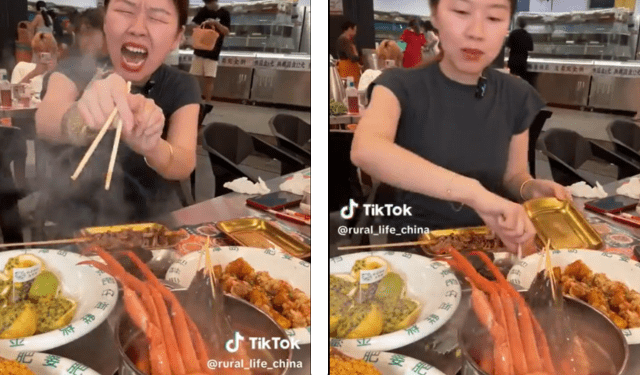 video di una donna morsa da un gambero in un ristorante