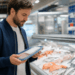Consumer choosing between wild and farmed fish at a seafood counter