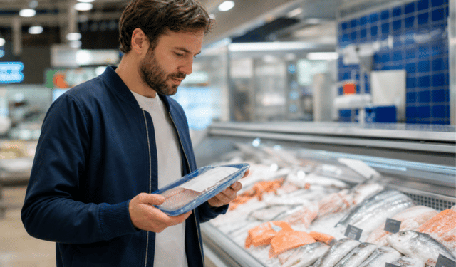 Consumer choosing between wild and farmed fish at a seafood counter