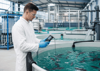 Tecnico controlla l’acqua in un impianto RAS per la biosecurity in acquacoltura