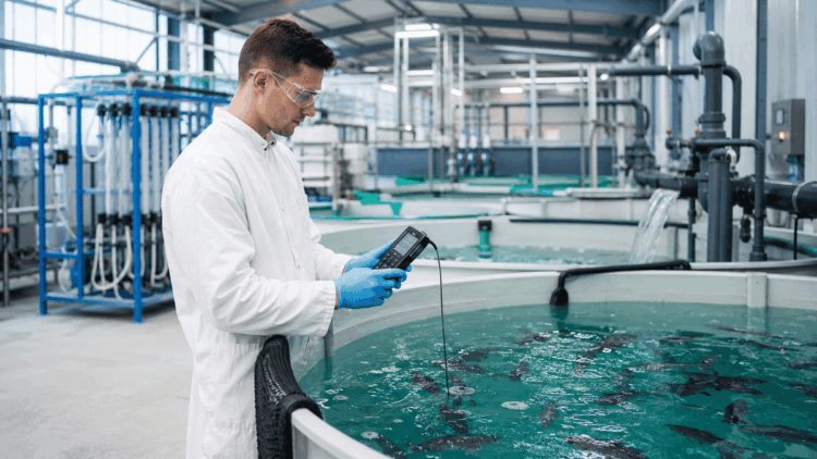 Tecnico controlla l’acqua in un impianto RAS per la biosecurity in acquacoltura