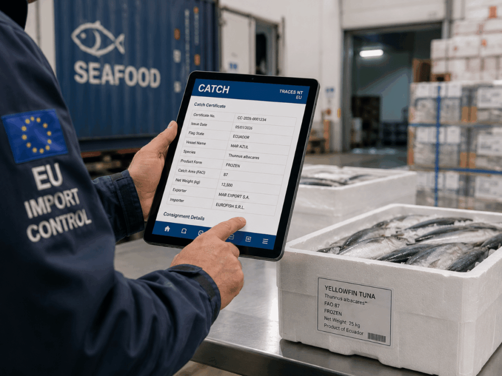 Operatore verifica i dati di una partita di prodotti ittici destinata all’importazione attraverso il sistema digitale CATCH