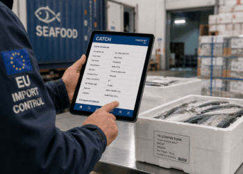 Operatore verifica i dati di una partita di prodotti ittici destinata all’importazione attraverso il sistema digitale CATCH