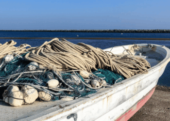 Reti, corde e attrezzature da pesca a bordo di una barca nel contesto della stretta REACH sul piombo