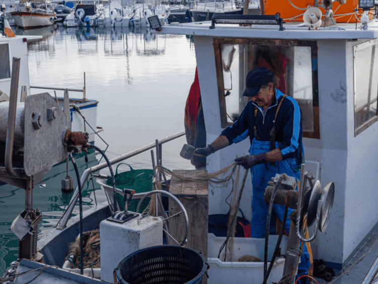 Pescherecci in porto e pescatori al lavoro, simbolo della crisi sociale della pesca europea