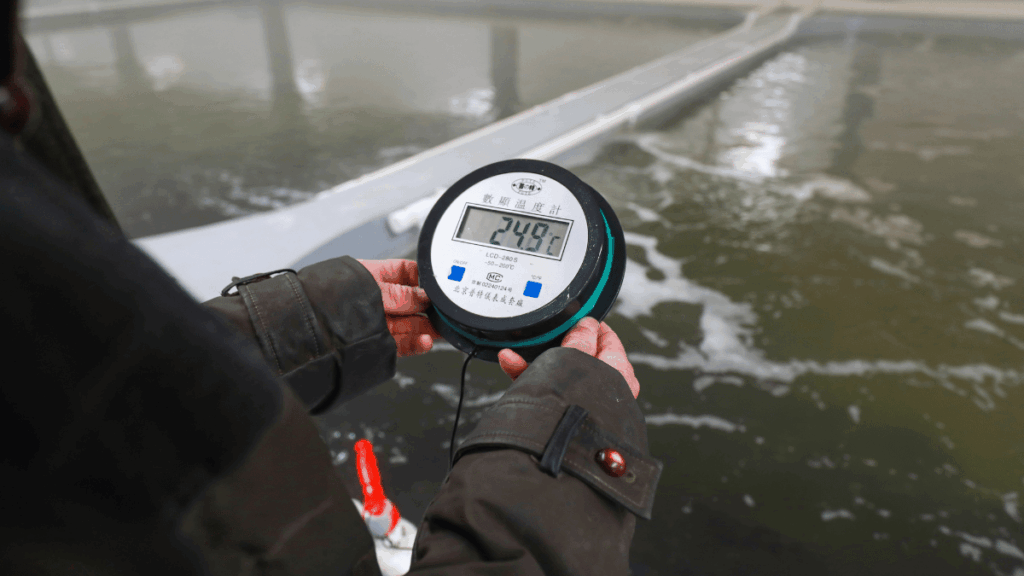 Tecnico controlla i parametri dell’acqua in un impianto di acquacoltura