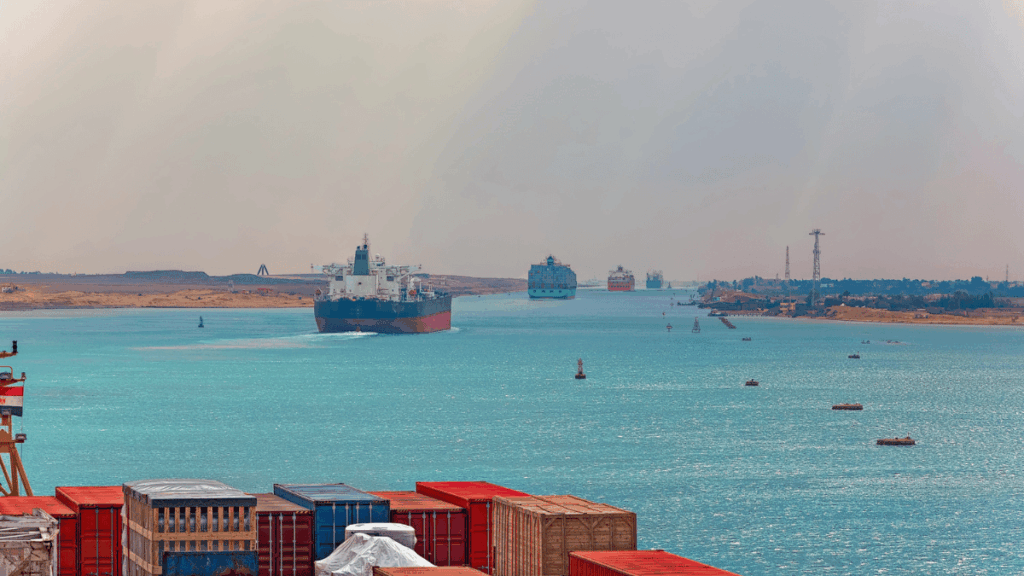 Container ship on the Suez route serving Italian seafood supply chains