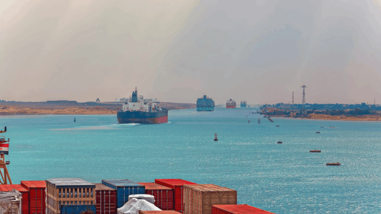 Container ship on the Suez route serving Italian seafood supply chains