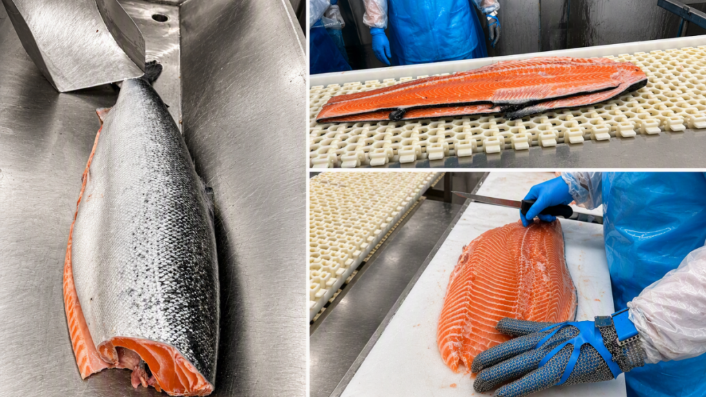 Salmon fillet on the processing line at Freezco Eesti in Tallinn