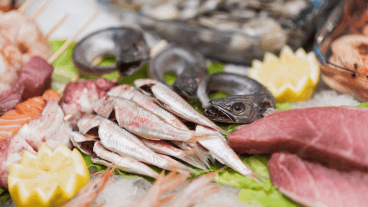Banco ittico con diverse specie di pesce fresco